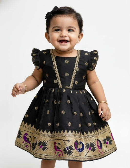 Star Butti Silk Frock - Black