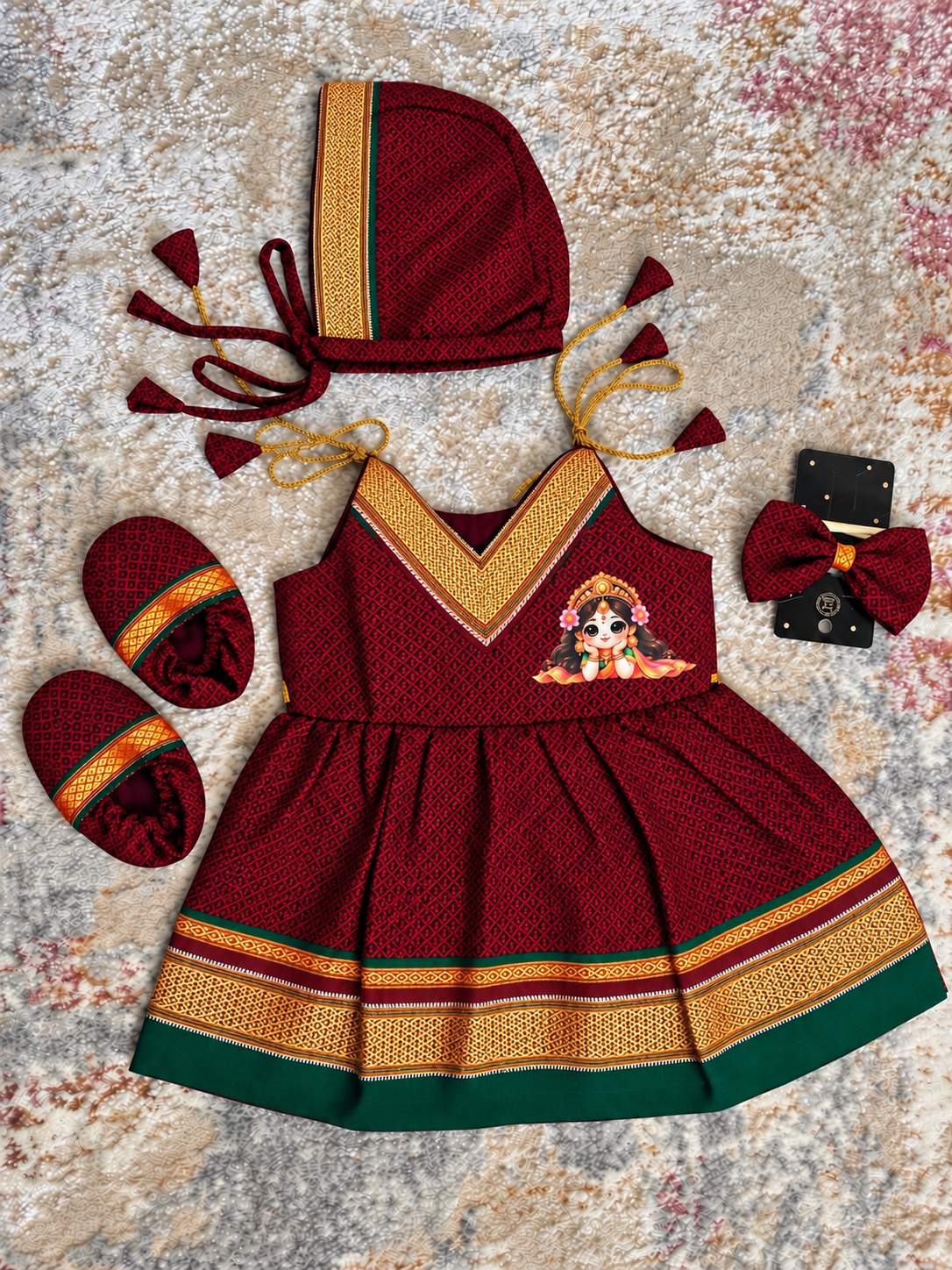 Easy Knot Khan Frock Set -Maroon With Little Laxmi Print
