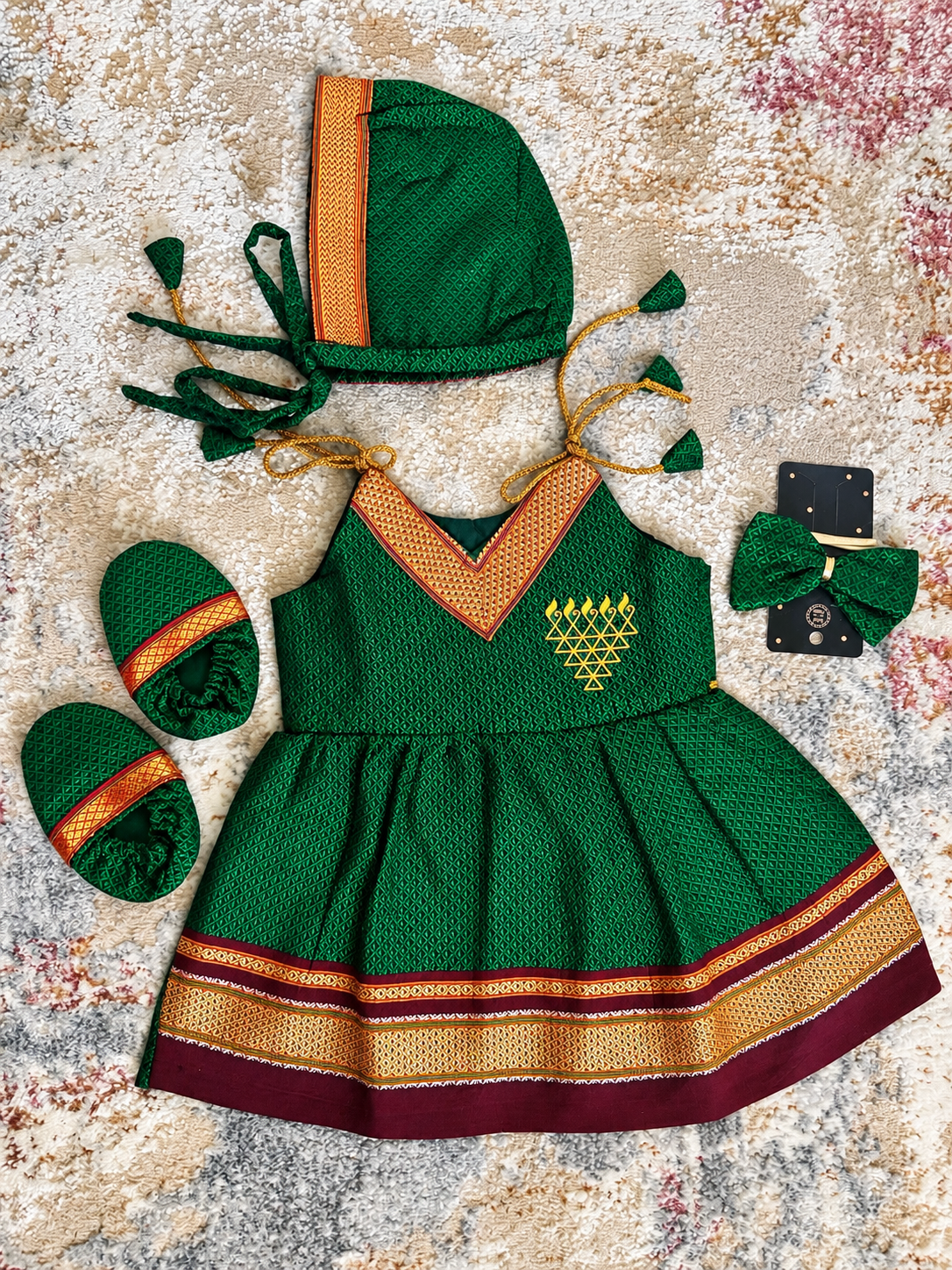 Easy Knot Khan Frock Set -Green With Saraswati Embroidery Print