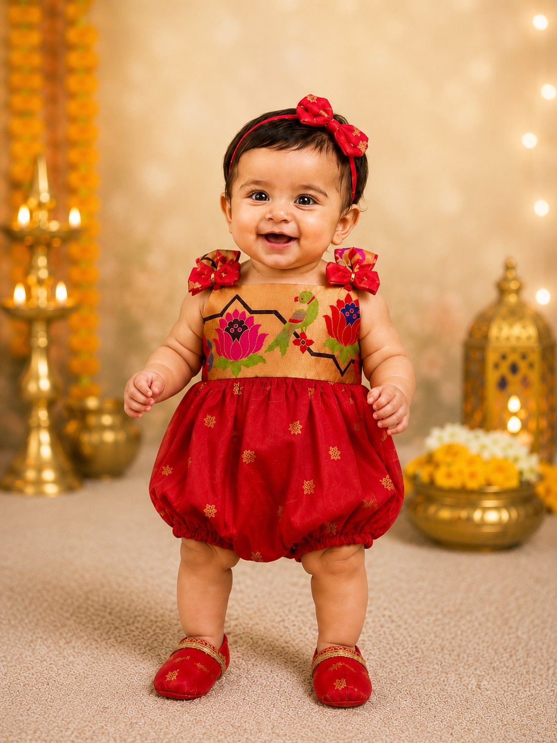 Lotus Soft Silk Ethnic Romper Set - Tomato Red