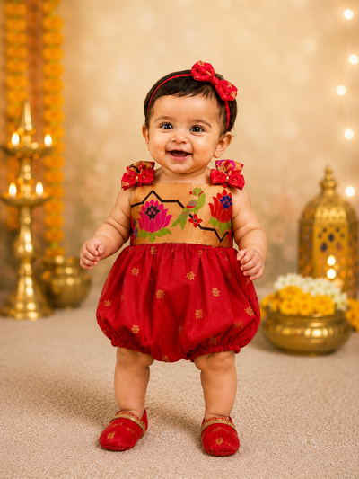 Lotus Soft Silk Ethnic Romper Set - Tomato Red