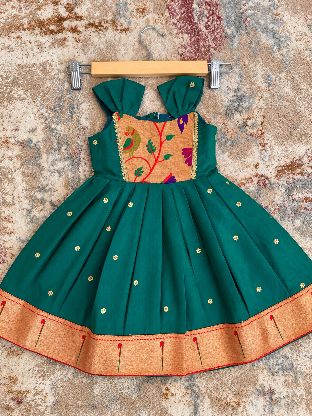 Swarna Silk(soft) Paithani frock-Peacock Green