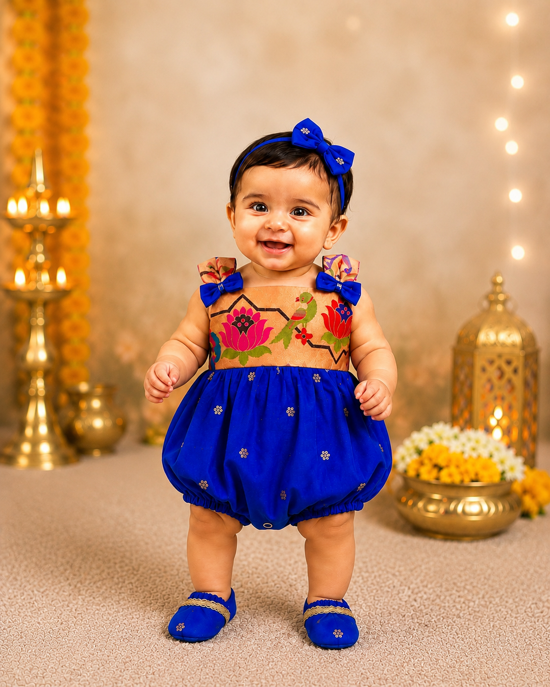 Lotus Soft Silk Ethnic Romper Set - Royal Blue