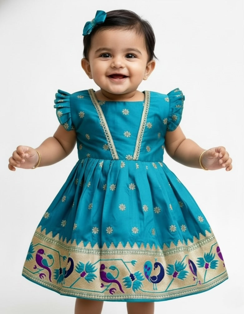 Star Butti Silk Frock - Peacock  Green