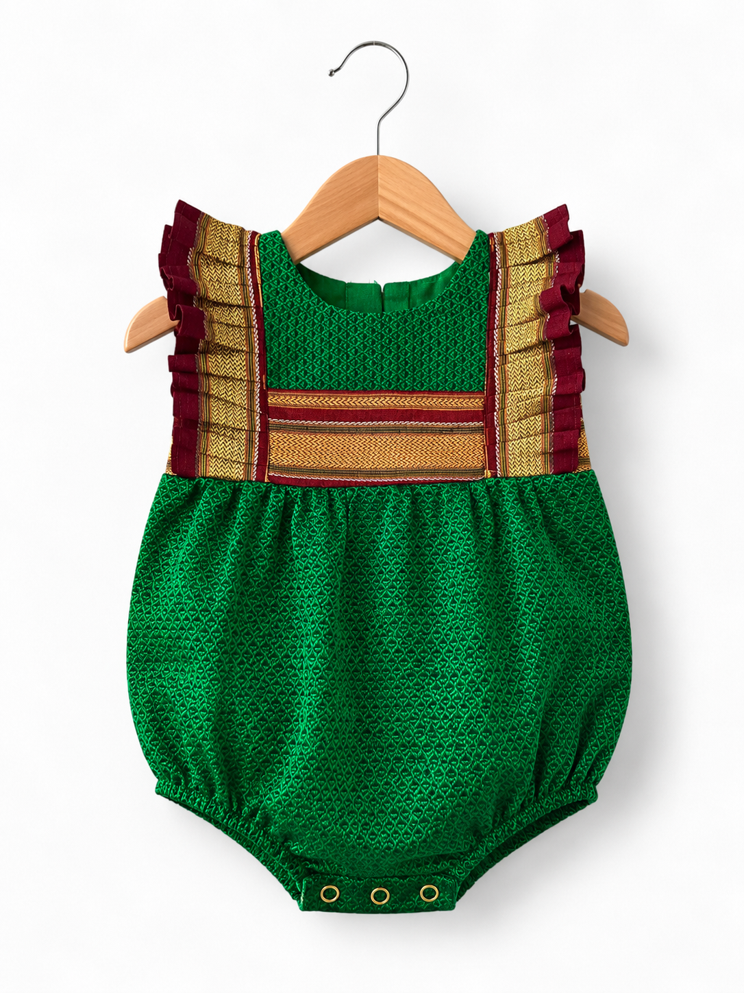 Green Ethnic Baby Romper with zari frills