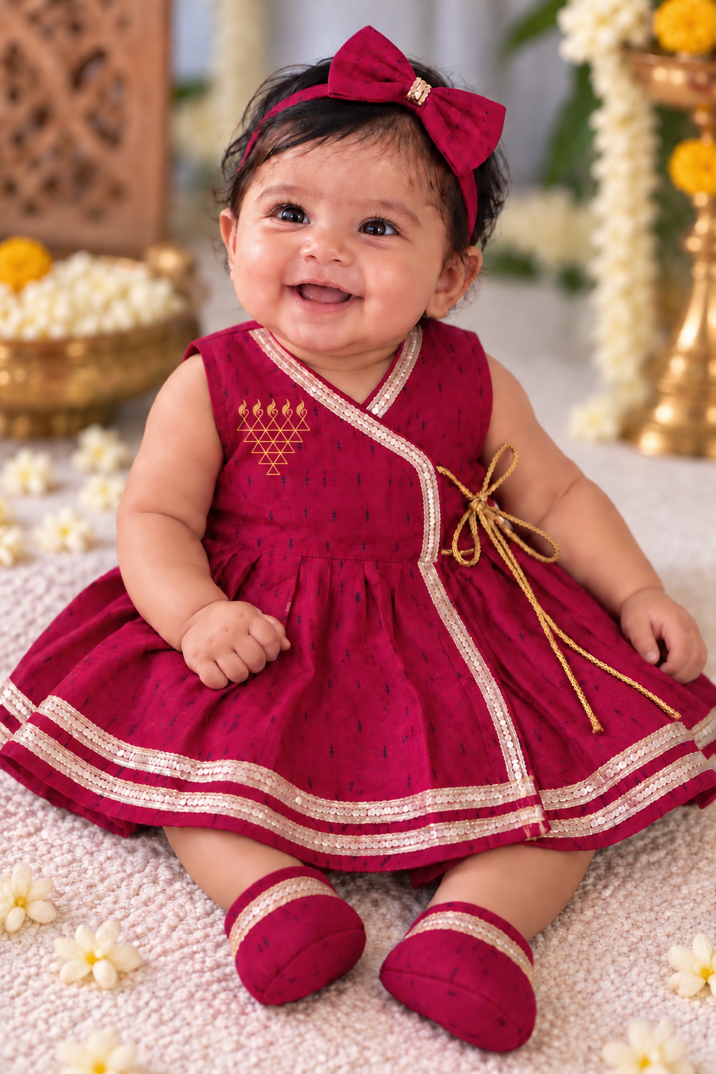 Wrap Delight Cotton Silk Baby Set with Saraswati Print- Rani Pink