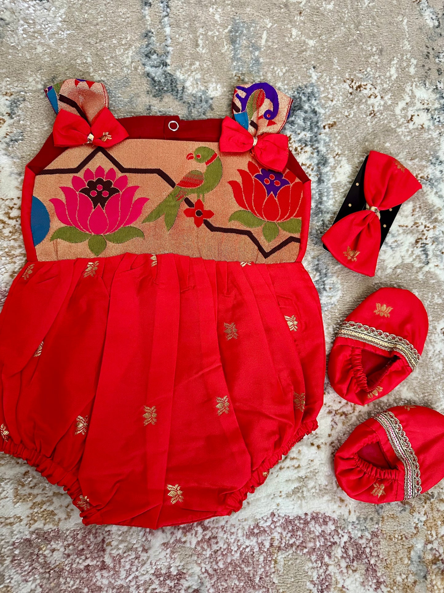 Lotus Soft Silk Ethnic Romper Set - Tomato Red