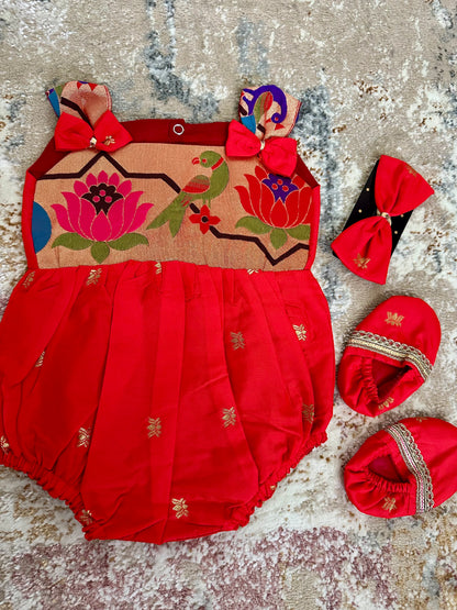 Lotus Soft Silk Ethnic Romper Set - Tomato Red