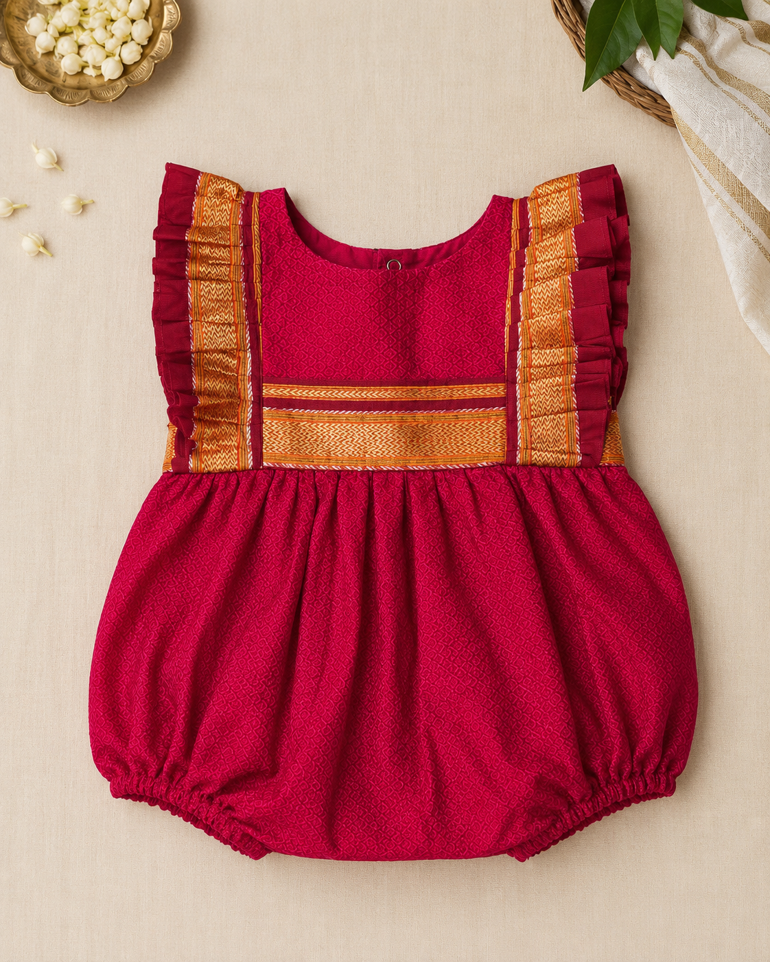 Magenta Pink Ethnic Baby Romper with zari frills