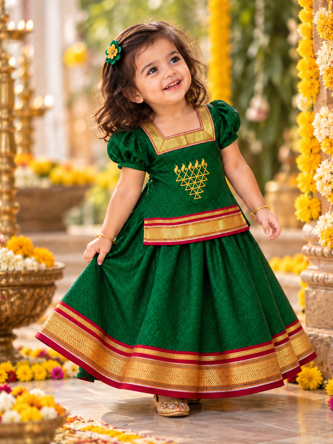 Classic Khan Parkar Polka Green - With Saraswati Embroidery Print