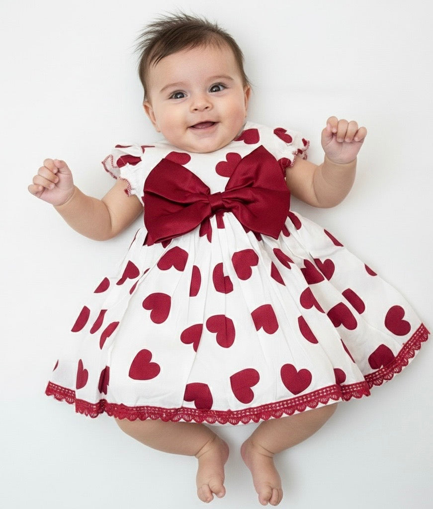Heart Pop Bow Dress- White/Red