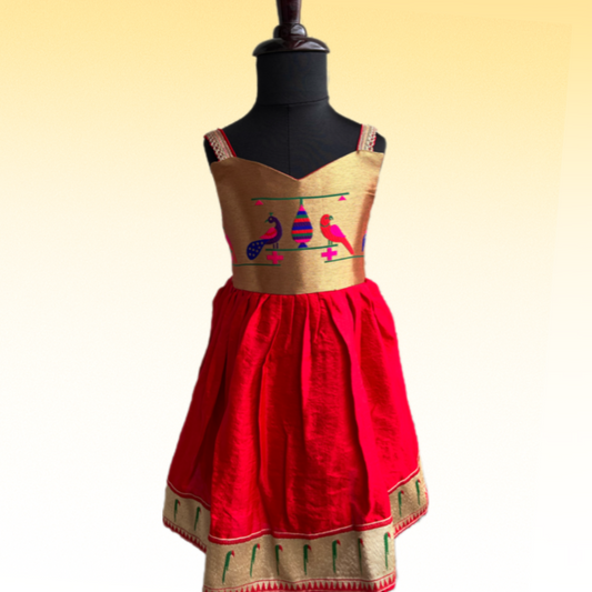 Vibrant Red Paithni Frock with Munia Border